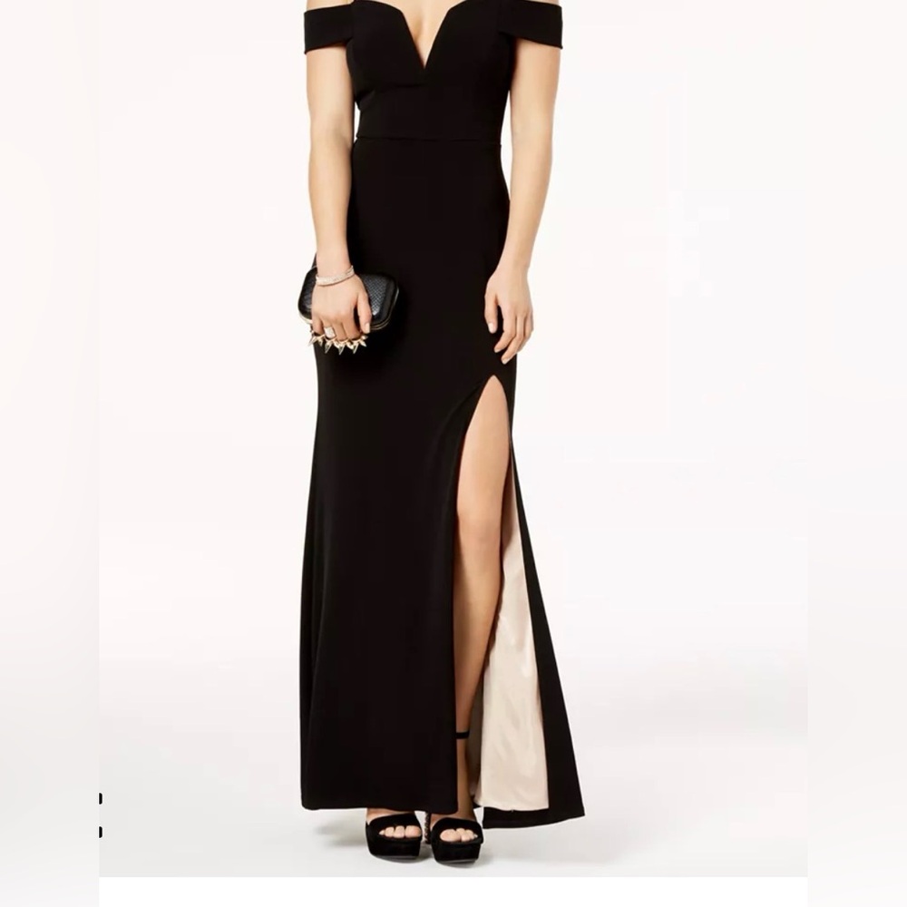 CITY STUDIO BLACK LINED PROM/SPECIAL OCCASION DRESS HIGH SLIT OFF SHOULDER
